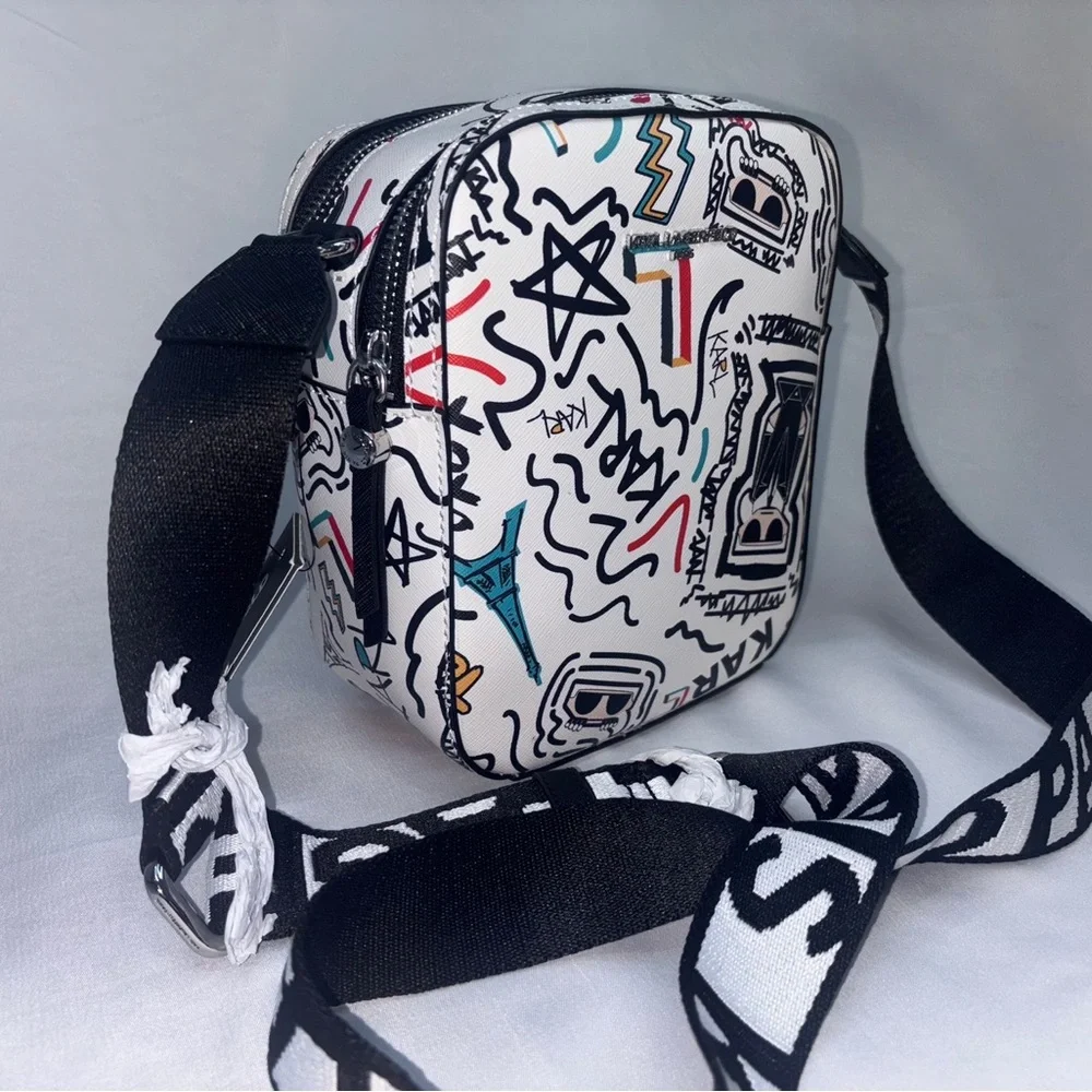 Karl Lagerfeld Black and White Messenger Bag with Graphic Design